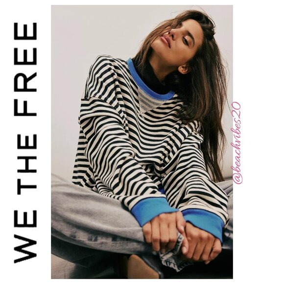 WE THE FREE BY FREE PEOPLE Classic Stiped Oversized Crewneck Black Combo S NWOT - Picture 2 of 10